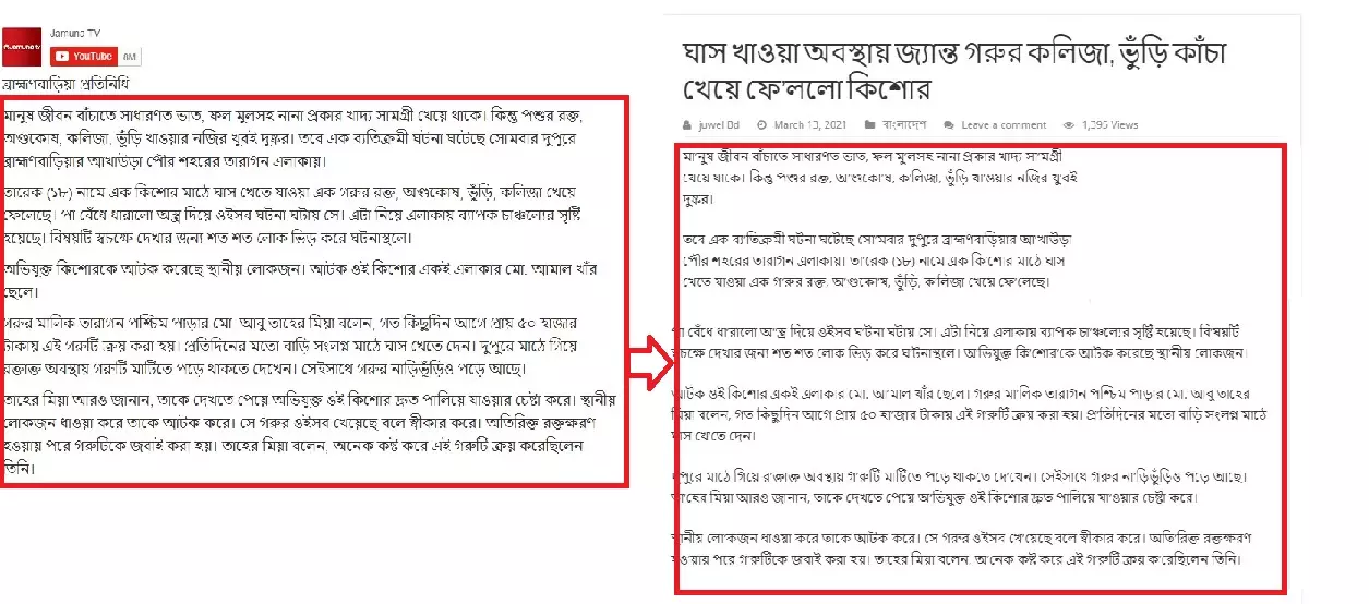 যমুনা টিভি অনলাইন-এর প্রতিবেদন ( বামে) এবং ভাইরাল অনলাইন পোর্টালের ( ডানে) পাশাপাশি স্ক্রিনশট দেখুন যমুনা টিভি অনলাইন-এর প্রতিবেদন ( বামে) এবং ভাইরাল অনলাইন পোর্টালের ( ডানে) পাশাপাশি স্ক্রিনশট দেখুন