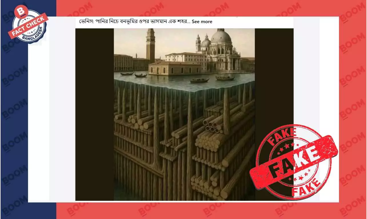 ‘কাঠের খুঁটির ওপর স্থাপিত ভেনিস শহর’ এই ছবিটি এআই জেনারেটেড ‘কাঠের খুঁটির ওপর স্থাপিত ভেনিস শহর’ এই ছবিটি এআই জেনারেটেড